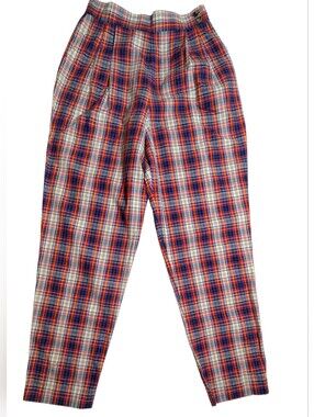 Vintage High-Rise Plaid Ankle Pants in Red, Blue & White